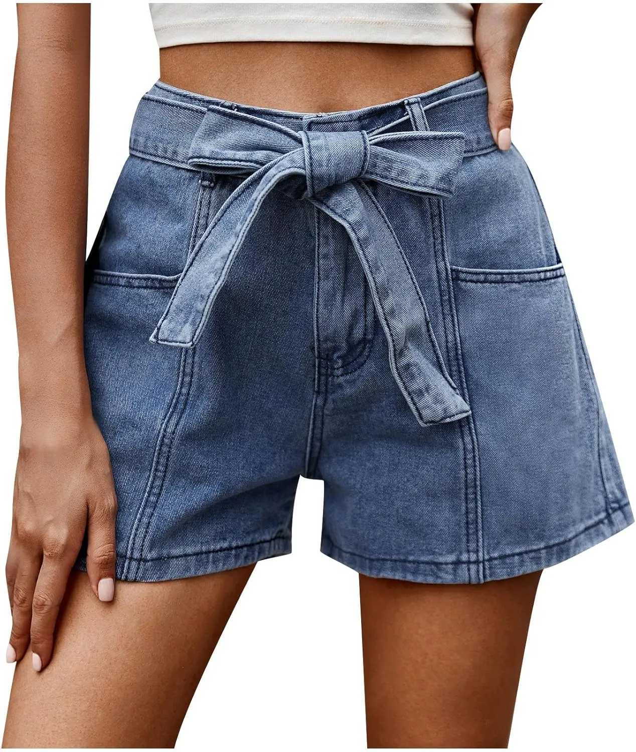 LEMONONSTORE Fashion 2025 Paper Bag Denim Shorts for Women Loose Summer Folded Hem Jean Shorts Bow-Tie Waisted Shorts Pant