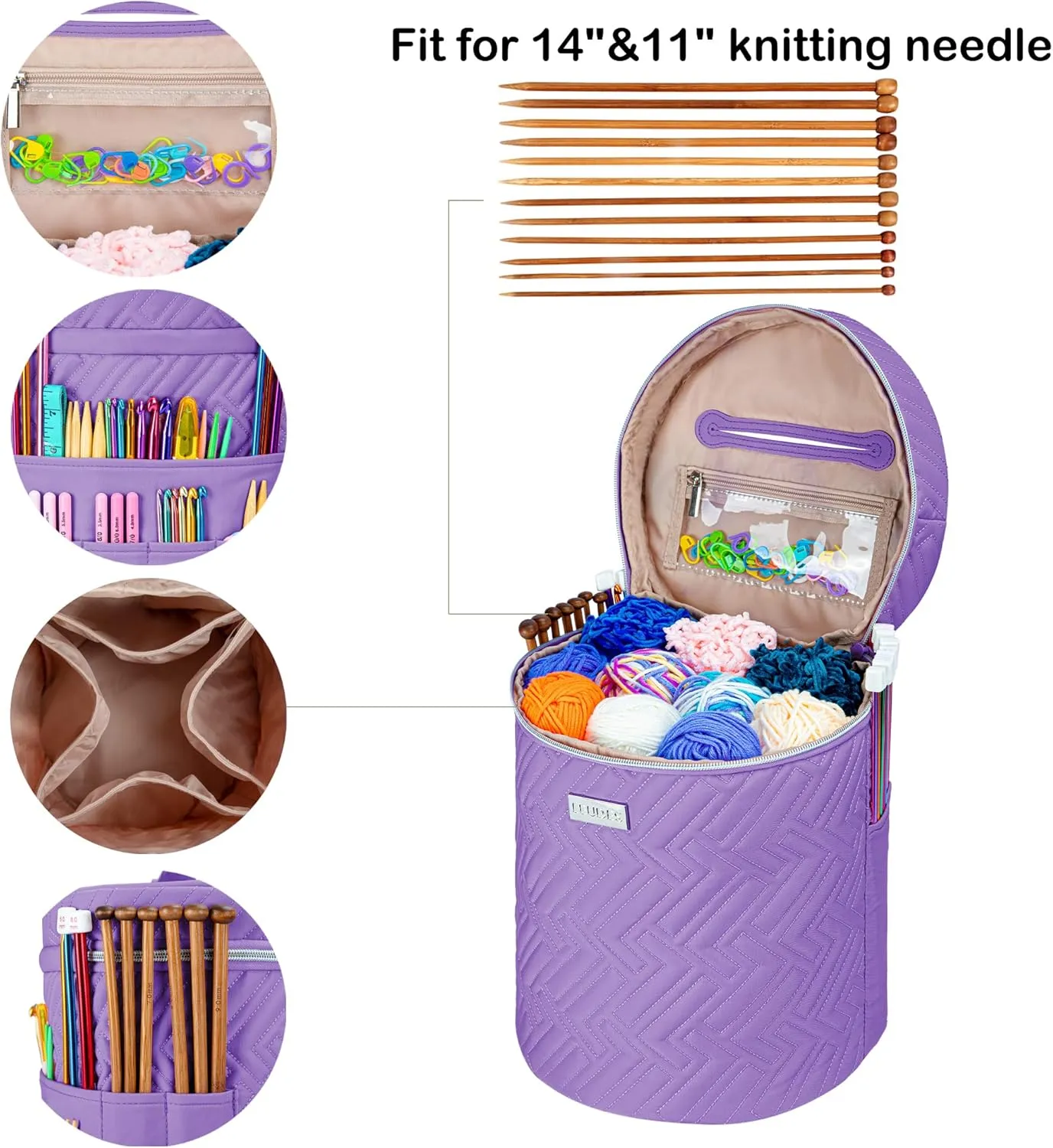 Leudes Yarn Bag, Crochet Tote Knitting Bag Water Resistant Yarn Storage Organizer Holder Case for Crochet Hooks Needles Knitting Kit for Beginners (Purple)