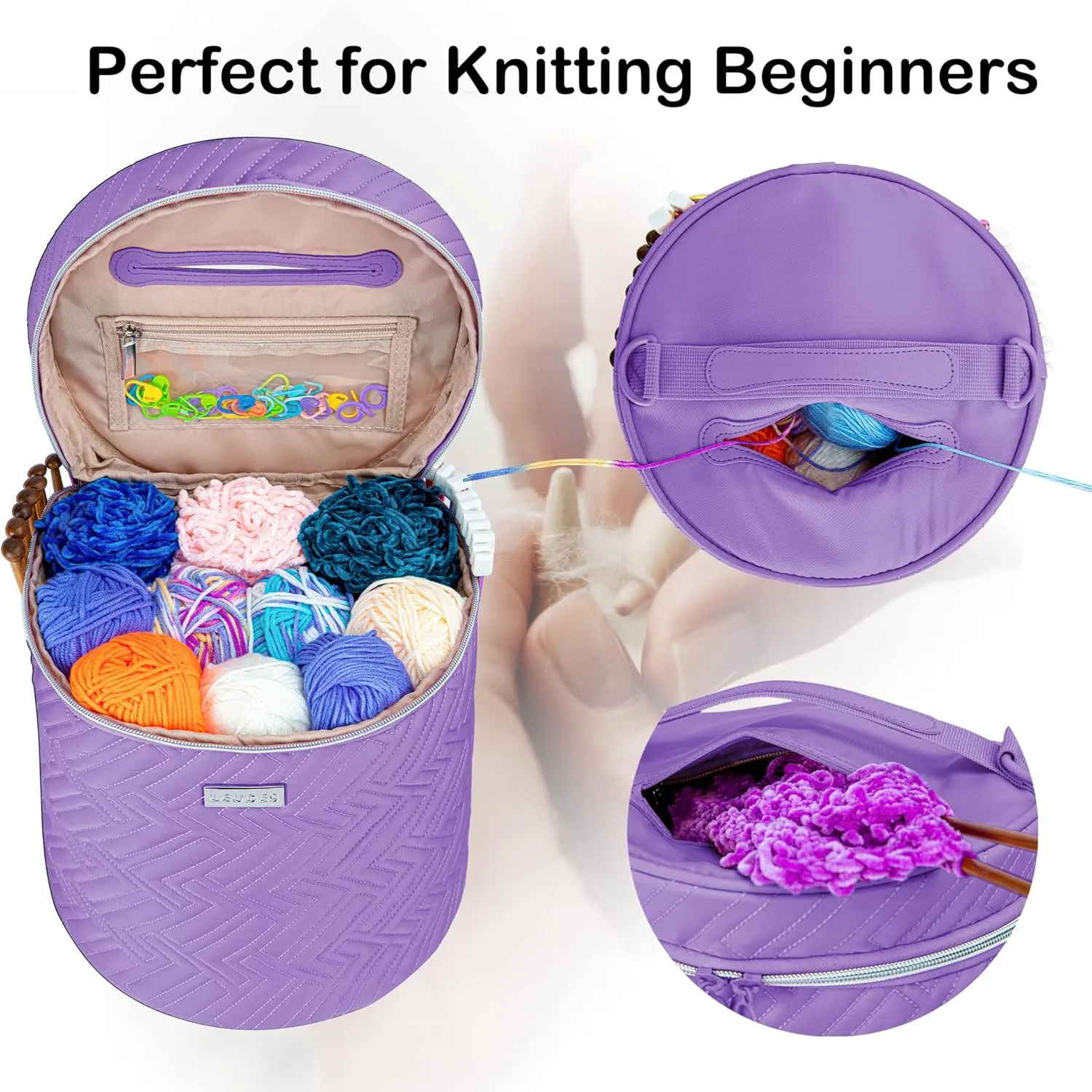 Leudes Yarn Bag, Crochet Tote Knitting Bag Water Resistant Yarn Storage Organizer Holder Case for Crochet Hooks Needles Knitting Kit for Beginners (Purple)