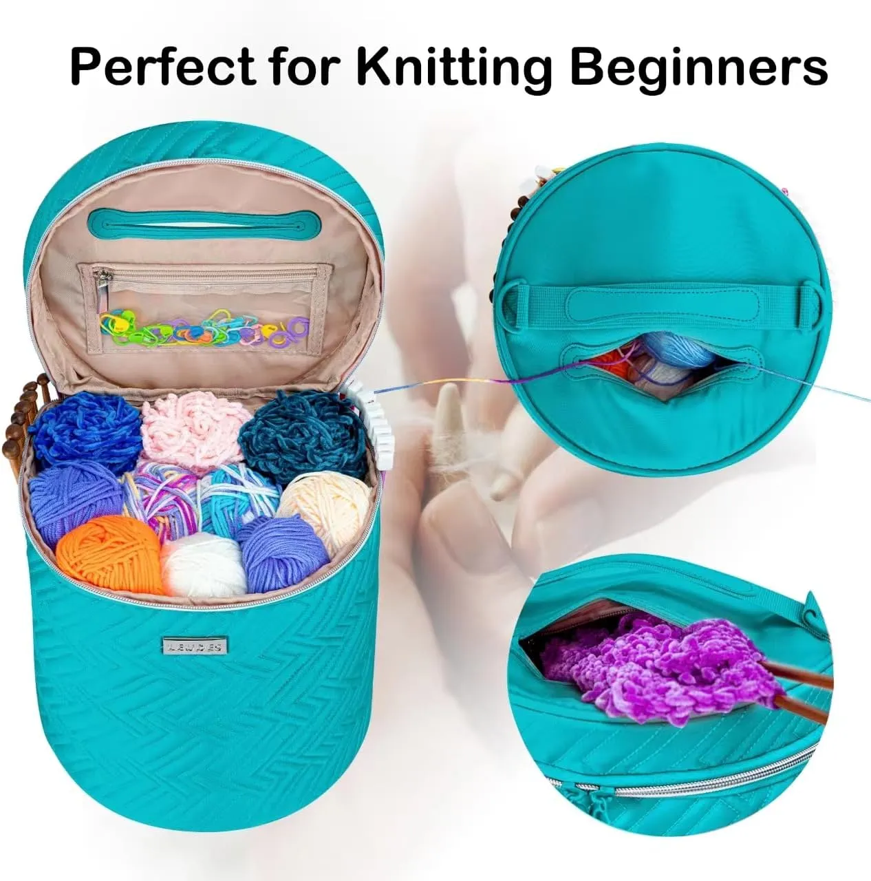 Leudes Yarn Bag, Crochet Tote Knitting Bag Water Resistant Yarn Storage Organizer Holder Case for Crochet Hooks Needles Knitting Kit for Beginners (Turquoise)