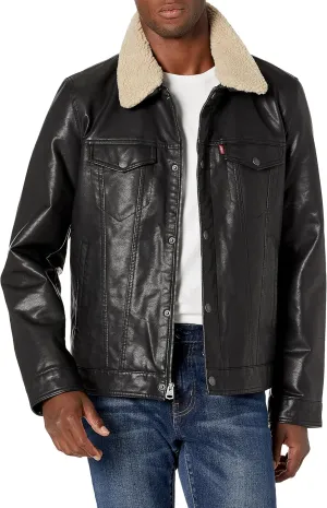 Levi's Men's Faux Leather Sherpa Trucker Jacket, Black/Quilted Lining, X-Large