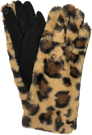 LIB Womens Brown Faux Fur Leopard Print Stretch Fit Text & Tech Touchscreen Gloves