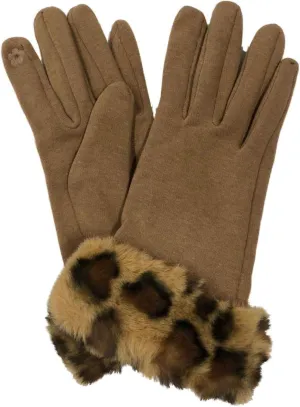 LIB Womens Tan & Faux Fur Leopard Print Stretch Fit Text & Tech Touchscreen Gloves