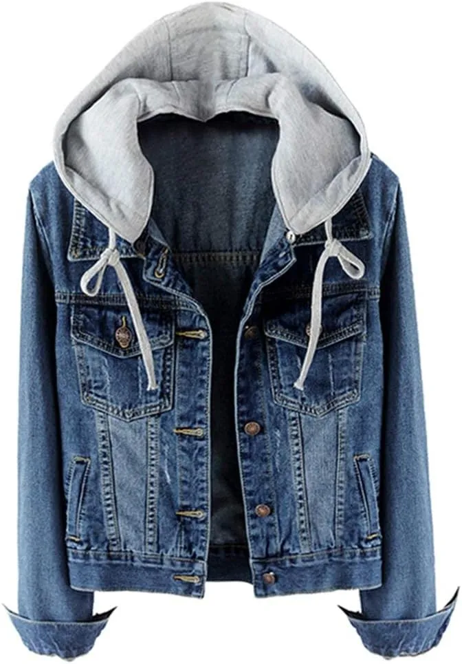 LifeShe Women's Casual Detachable Hoodie Denim Jacket