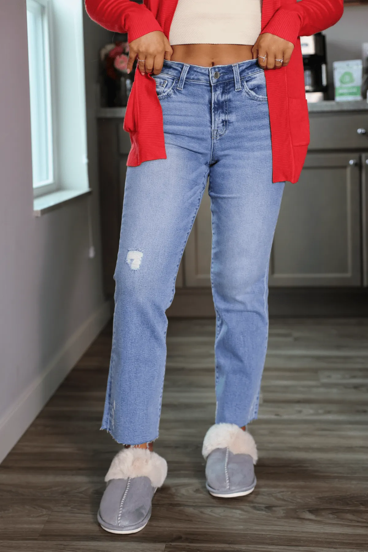 Light Wash Distressed Raw Hem Straight Leg Jeans - FINAL SALE