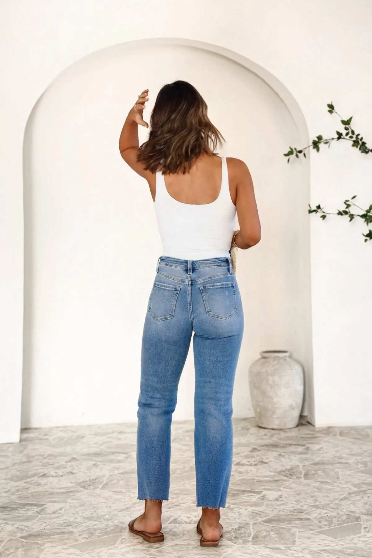 Light Wash Distressed Raw Hem Straight Leg Jeans - FINAL SALE