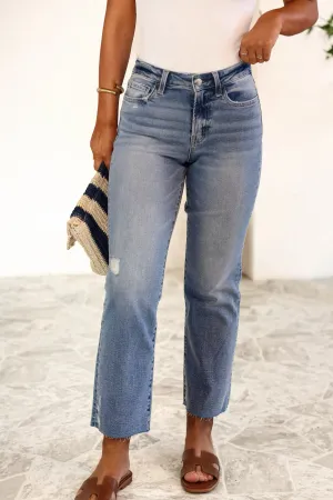 Light Wash Distressed Raw Hem Straight Leg Jeans - FINAL SALE