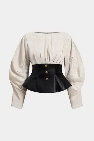Linen Faux Leather Patchwork Long-Sleeve Top