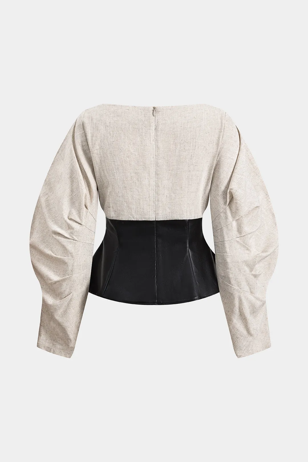 Linen Faux Leather Patchwork Long-Sleeve Top