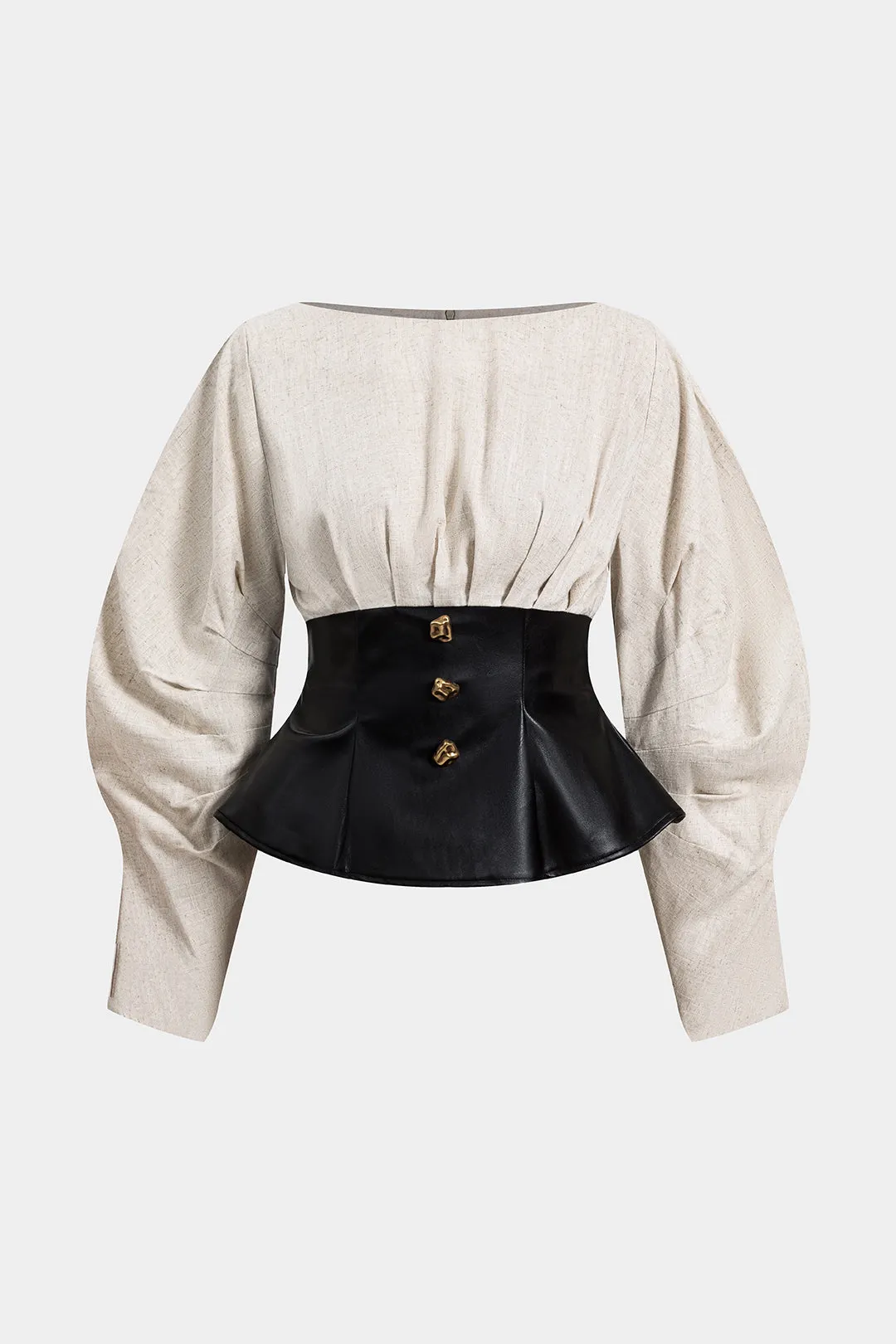 Linen Faux Leather Patchwork Long-Sleeve Top