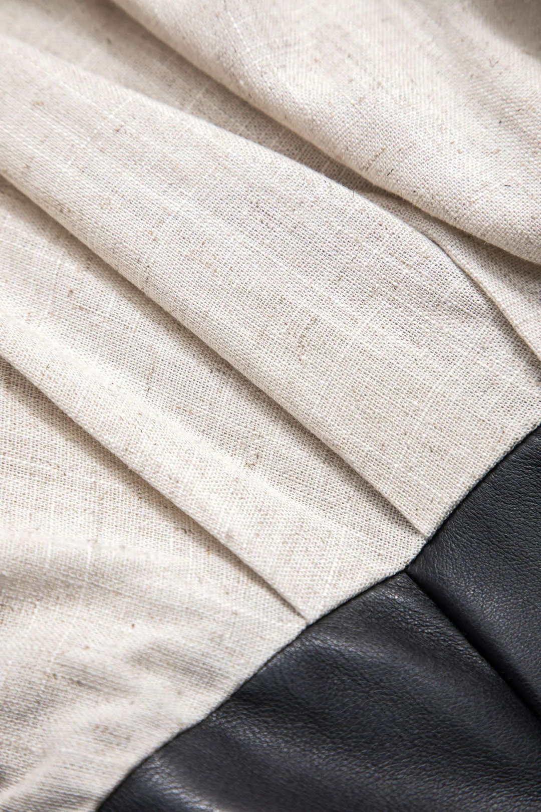 Linen Faux Leather Patchwork Long-Sleeve Top