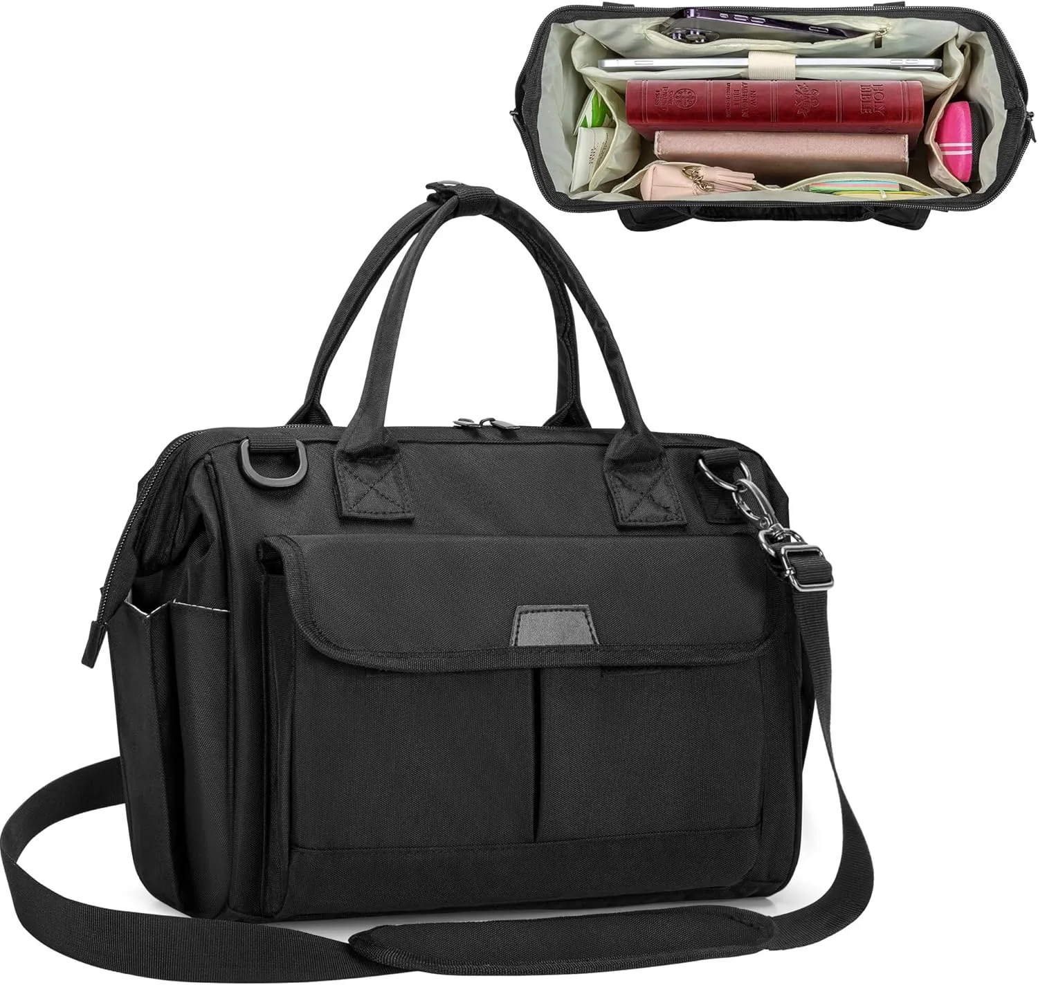 LoDrid Bible Bag Tote with Multiple Pockets for Bible Items, Bible Carrier with Steel Frame Top for Men & Women, Black, Bag Only