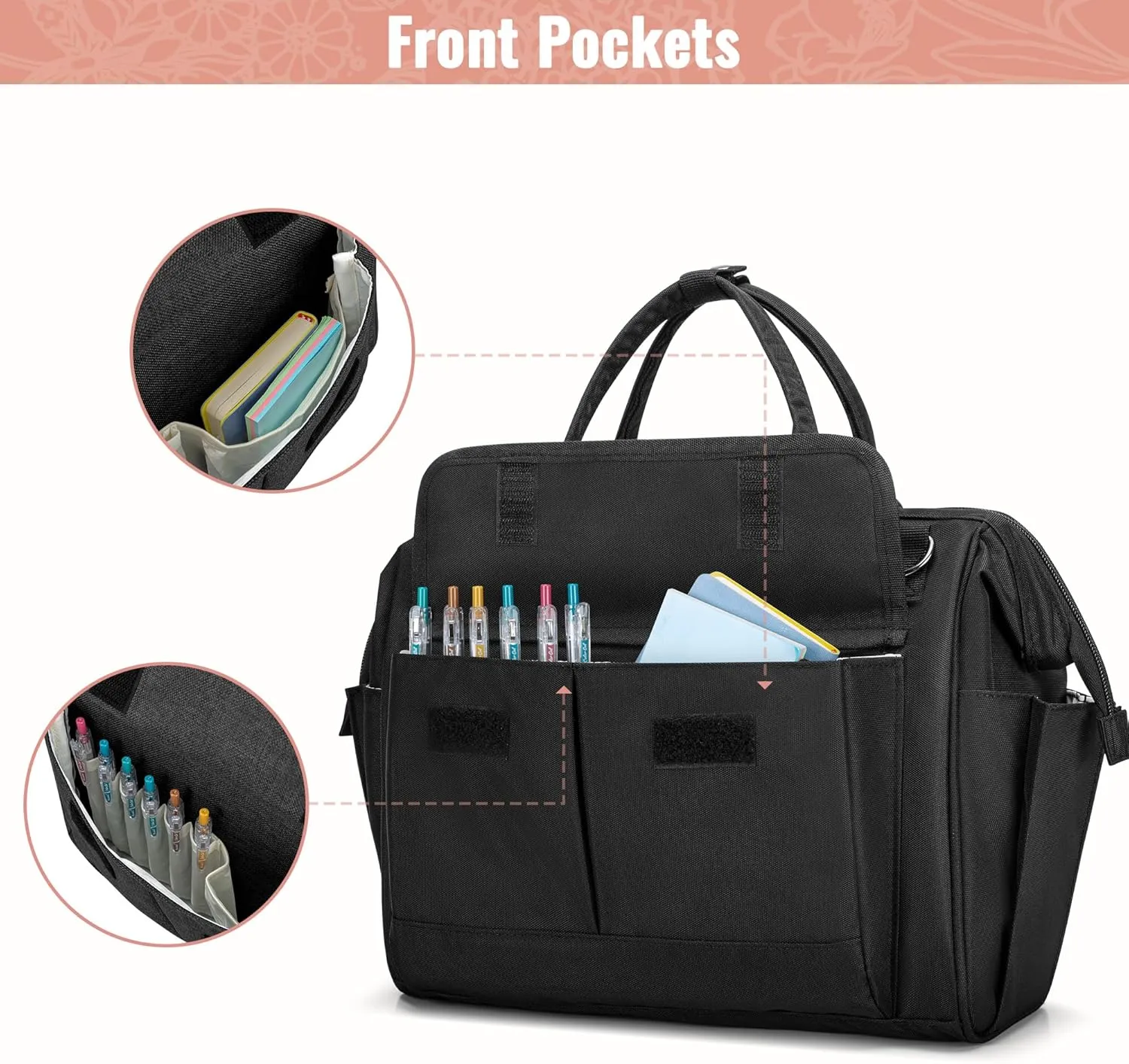 LoDrid Bible Bag Tote with Multiple Pockets for Bible Items, Bible Carrier with Steel Frame Top for Men & Women, Black, Bag Only