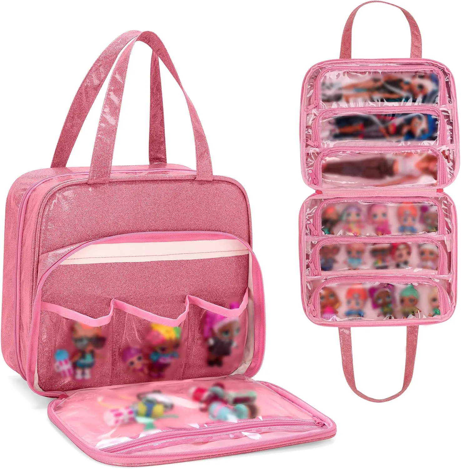 LoDrid Doll Tote Carrying Case Compatible with LOL Surprise Dolls All, Hanging Organizer Storage Bag with 6 Clear Window Pockets for Girls, Bag Only, Pink,(Patent Design)