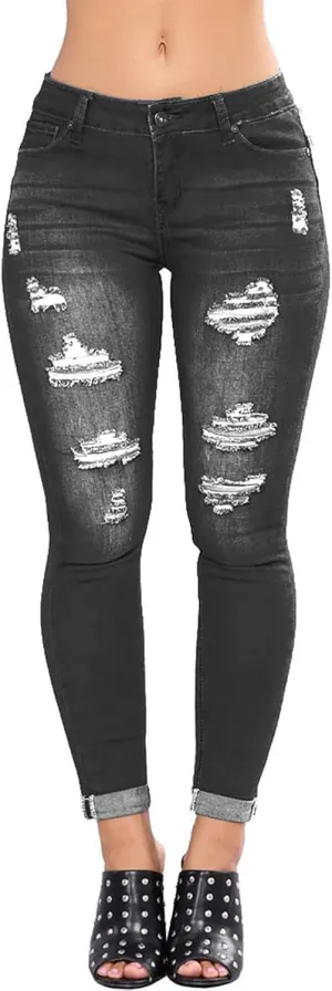 LONGBIDA Women's Stretch Ripped Jeans Skinny Distressed Destroyed Cuffed Denim Pants