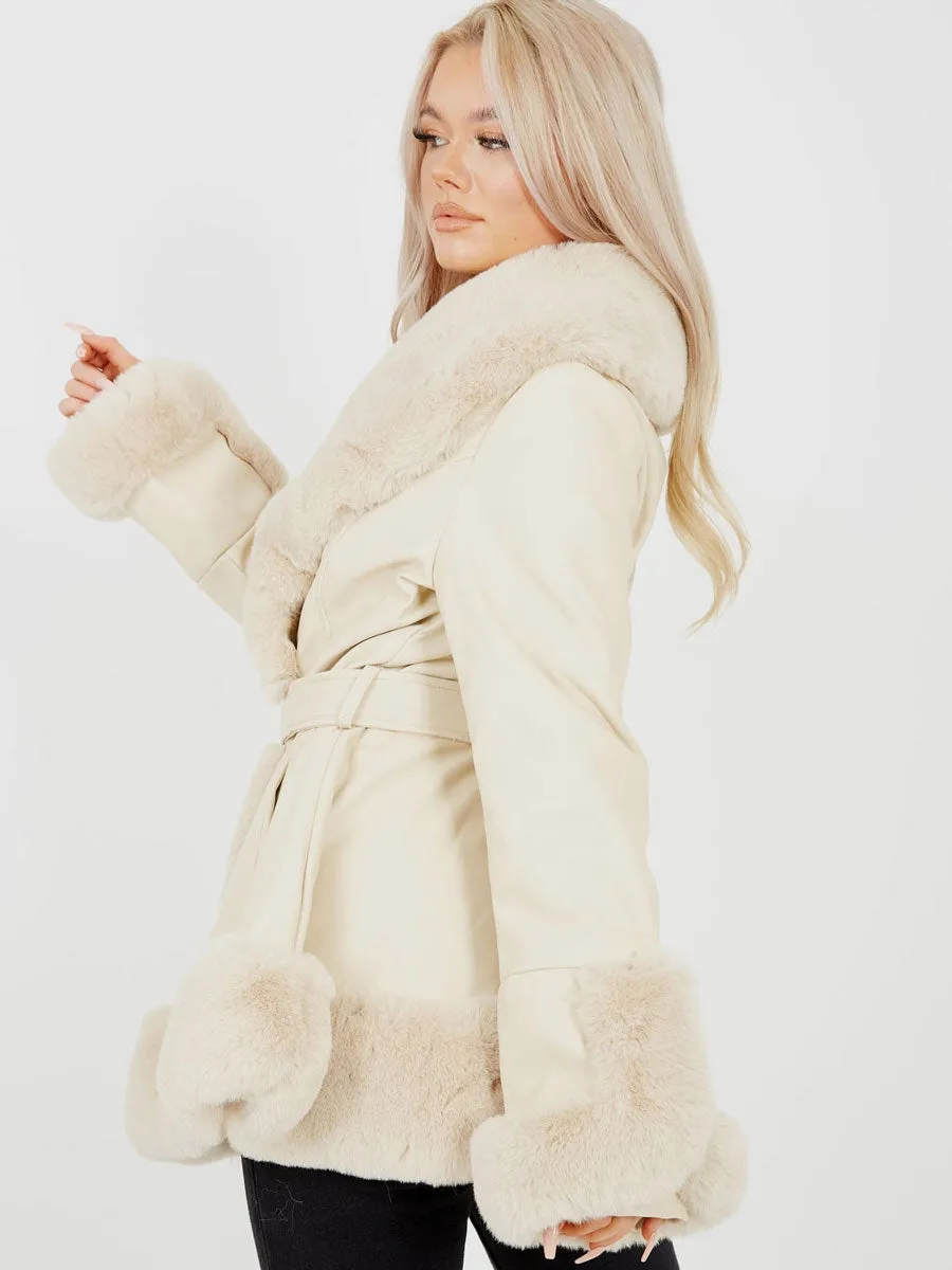 Longline Faux Fur Trim Belted PU Coat