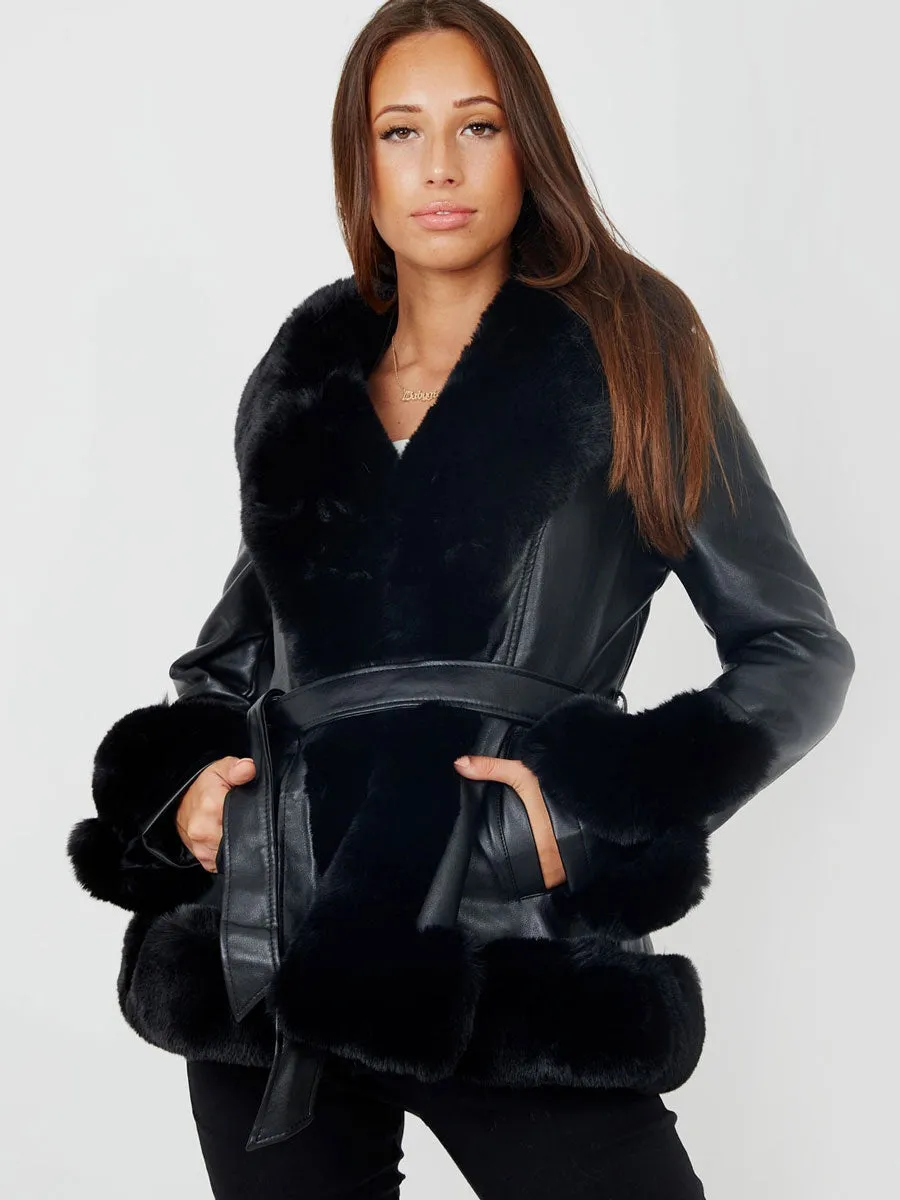 Longline Faux Fur Trim Belted PU Coat