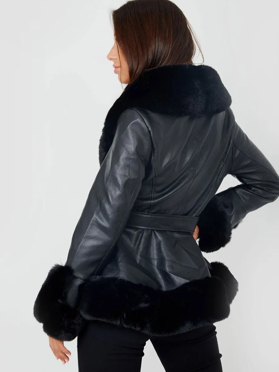 Longline Faux Fur Trim Belted PU Coat