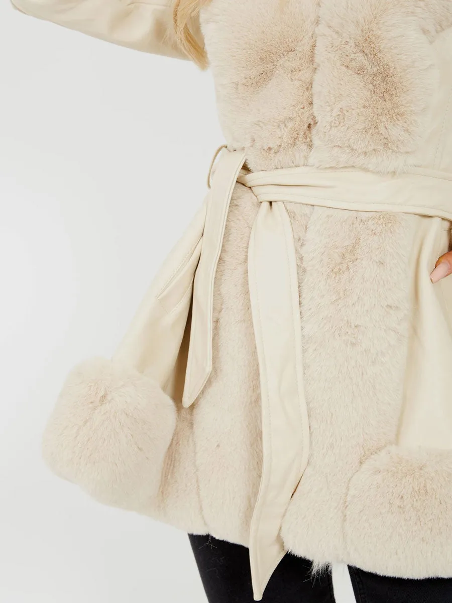 Longline Faux Fur Trim Belted PU Coat