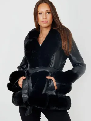 Longline Faux Fur Trim Belted PU Coat