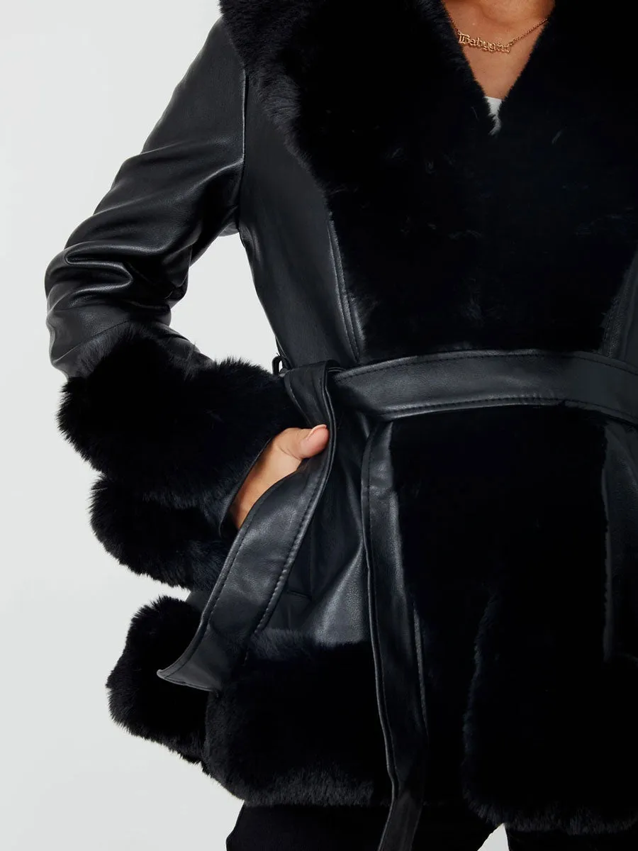 Longline Faux Fur Trim Belted PU Coat