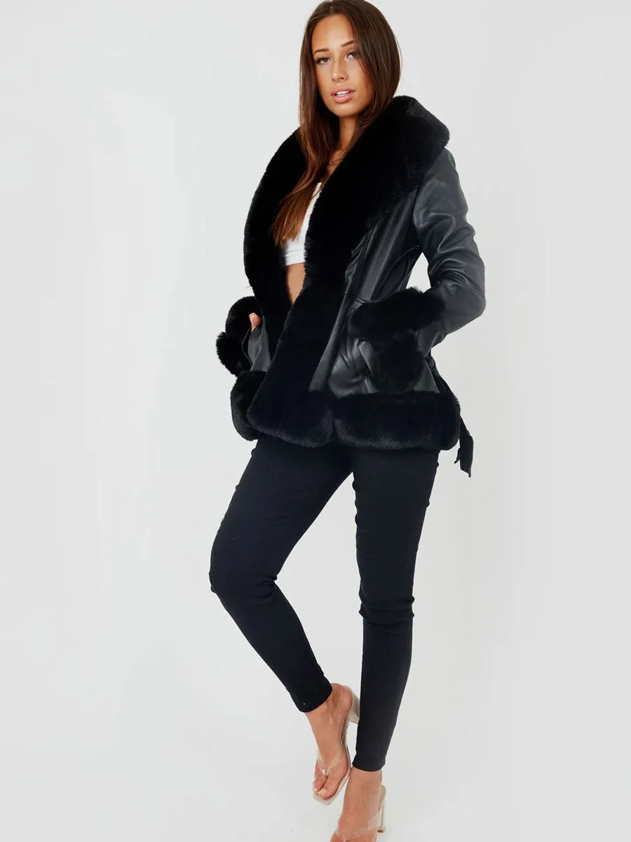 Longline Faux Fur Trim Belted PU Coat