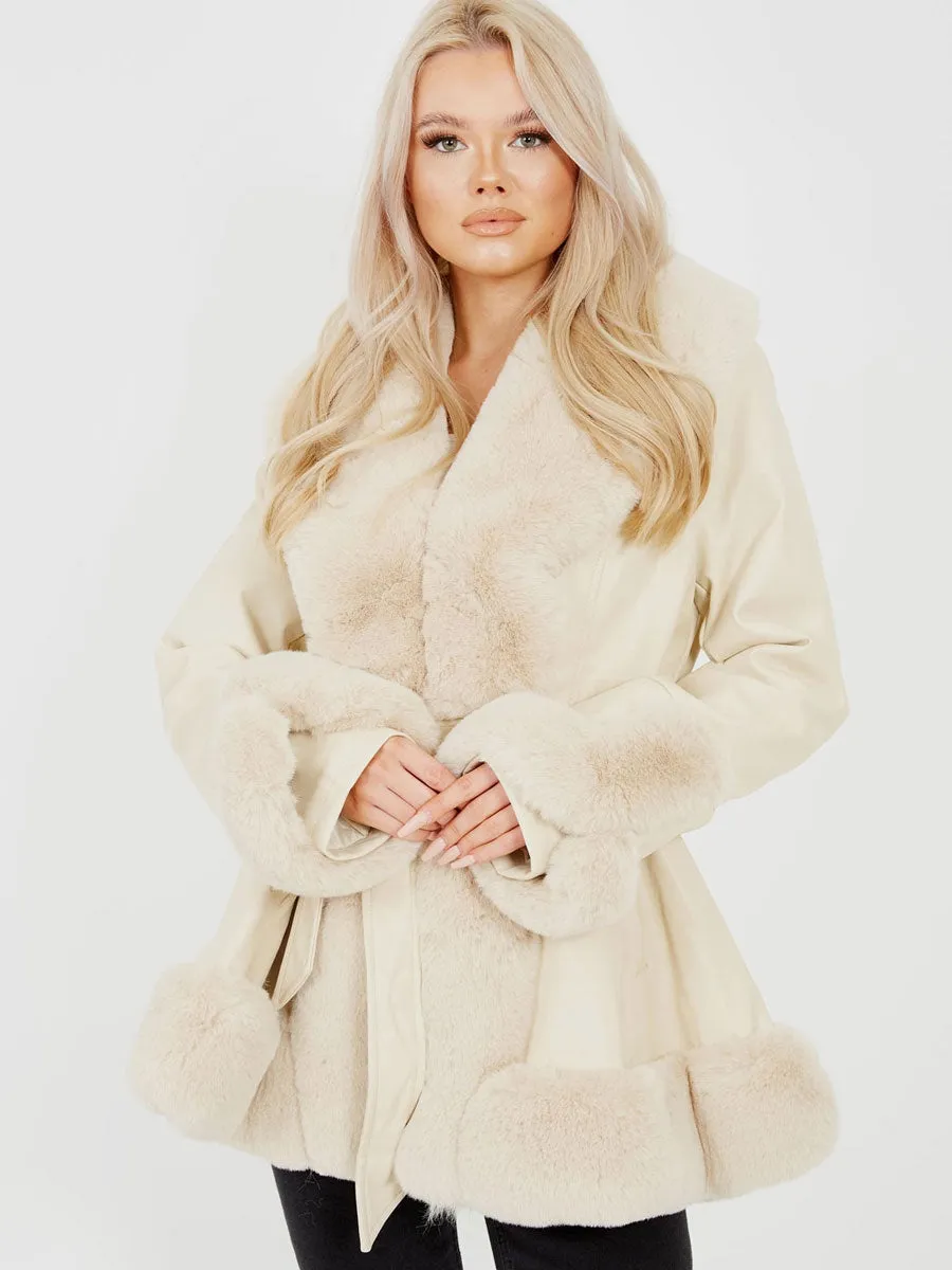Longline Faux Fur Trim Belted PU Coat