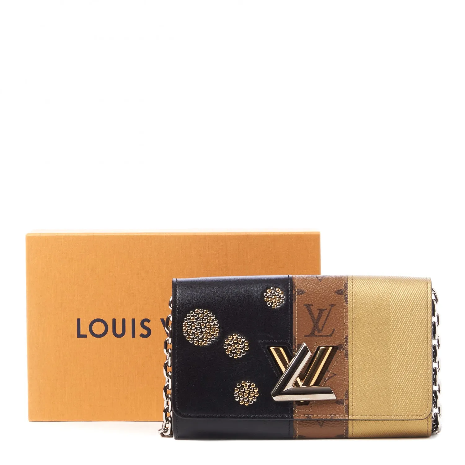 LOUIS VUITTON REVERSE MONOGRAM STUDDED NIGHT LIGHTS TWIST CALFSKIN CHAIN WALLET