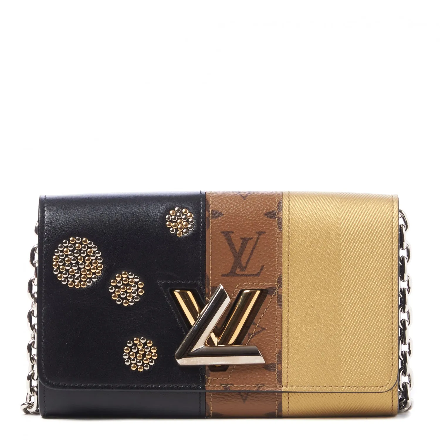 LOUIS VUITTON REVERSE MONOGRAM STUDDED NIGHT LIGHTS TWIST CALFSKIN CHAIN WALLET
