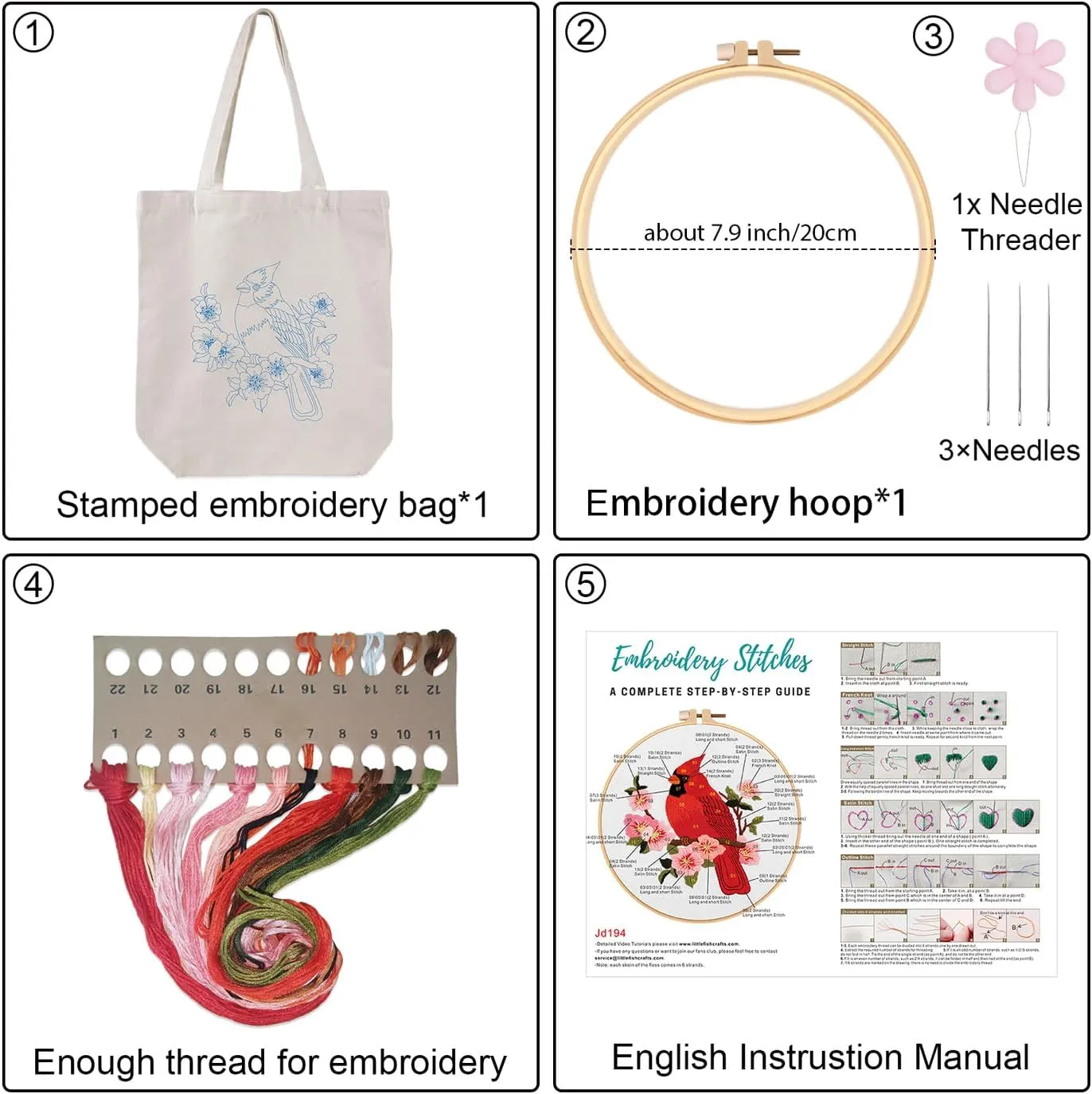 Louise Maelys Canvas Tote Bag Embroidery Kit for Beginners,Cross Stitch Kits for Adults,DIY Needlepoint Include Cardinal Pattern,Hoop and Instruction