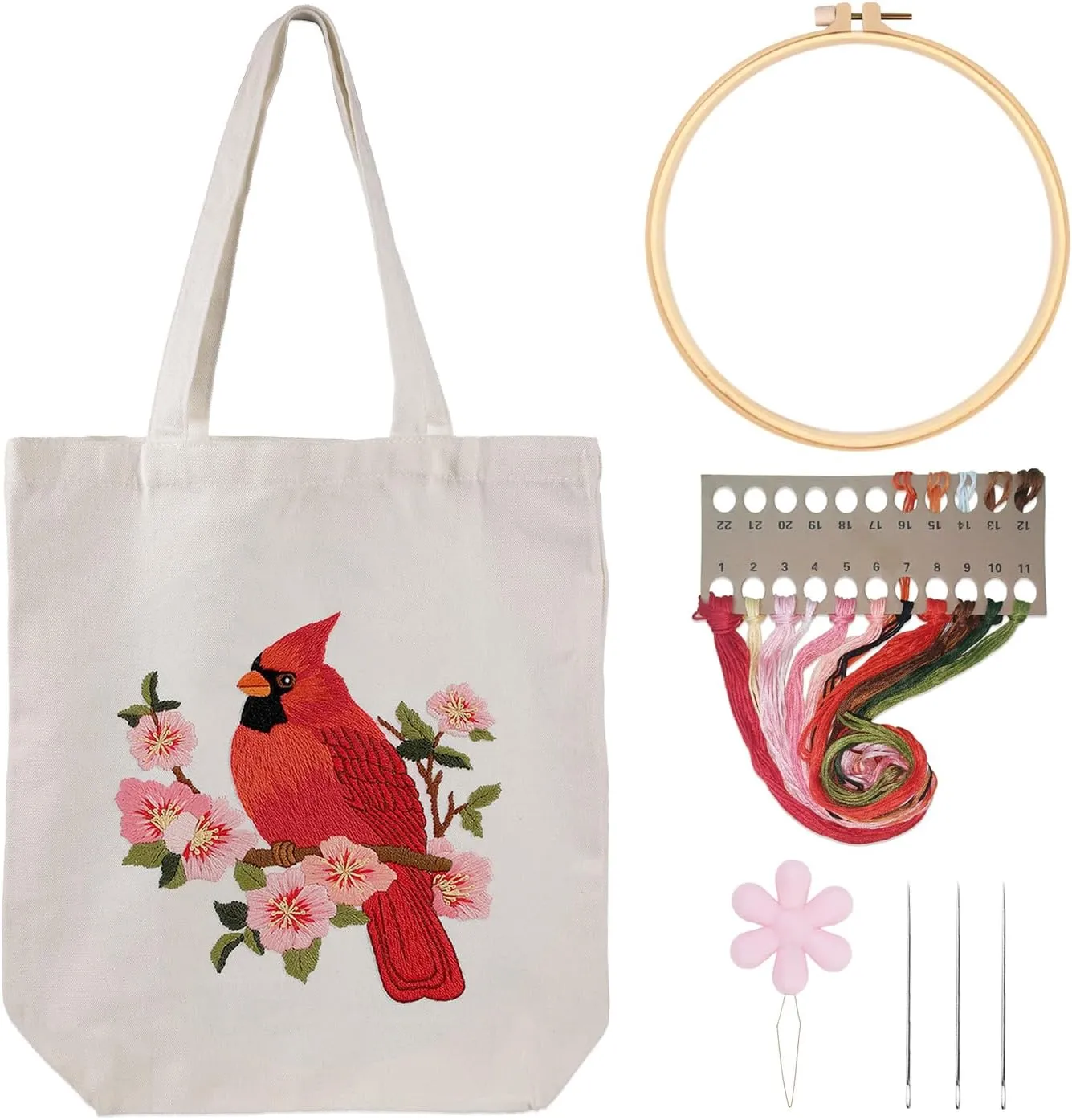 Louise Maelys Canvas Tote Bag Embroidery Kit for Beginners,Cross Stitch Kits for Adults,DIY Needlepoint Include Cardinal Pattern,Hoop and Instruction
