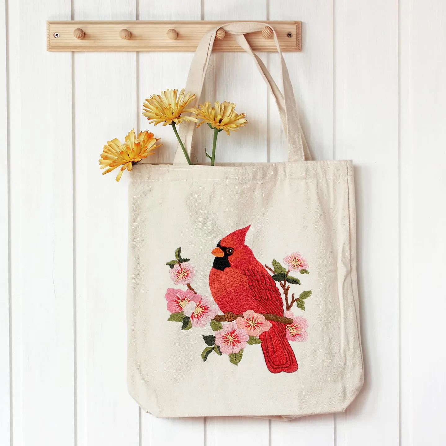 Louise Maelys Canvas Tote Bag Embroidery Kit for Beginners,Cross Stitch Kits for Adults,DIY Needlepoint Include Cardinal Pattern,Hoop and Instruction