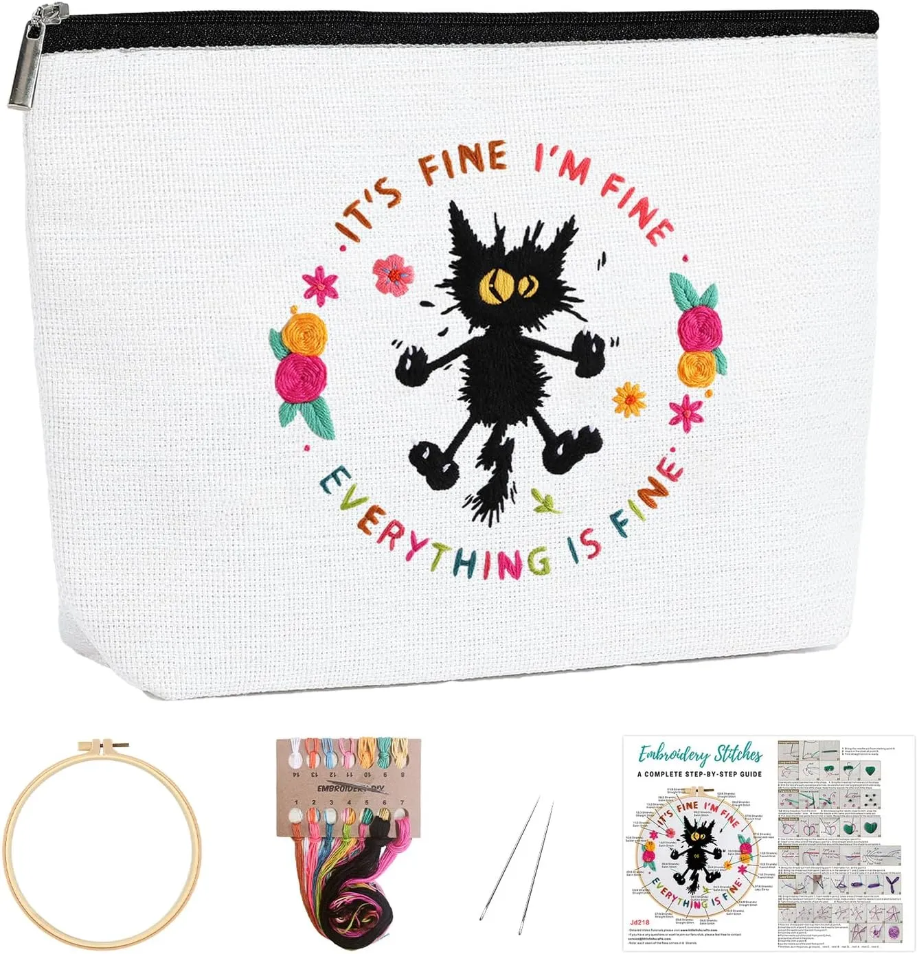 Louise Maelys Embroidery Kit for Beginners,Canvas Makeup Bag,Cross Stitch Kits for Adults,DIY Needlepoint -It's Fine I'm Fine Everything is Fine