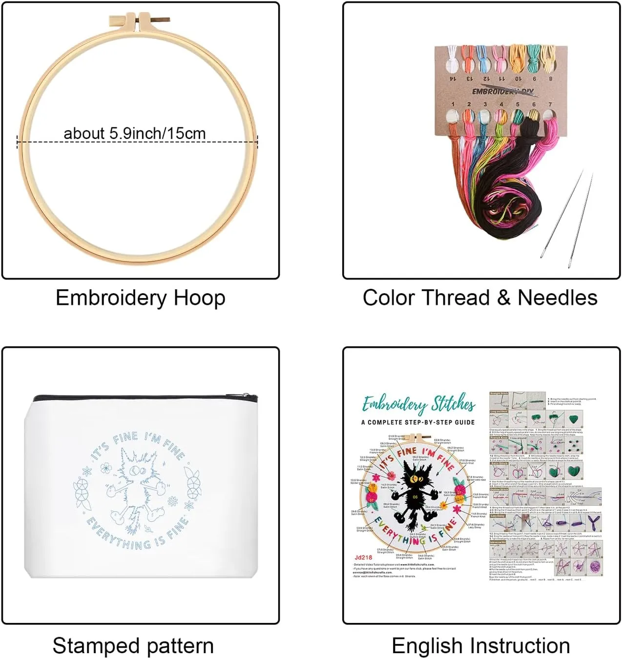Louise Maelys Embroidery Kit for Beginners,Canvas Makeup Bag,Cross Stitch Kits for Adults,DIY Needlepoint -It's Fine I'm Fine Everything is Fine