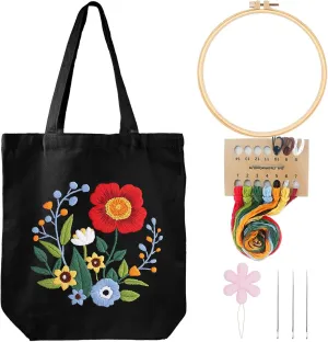 Louise Maelys Embroidery Kits Canvas Tote Bag for Beginners,Cross Stitch Kit for Adults,DIY Crafts and Arts Needlepoint with Florals Pattern,Hoop and Instructions