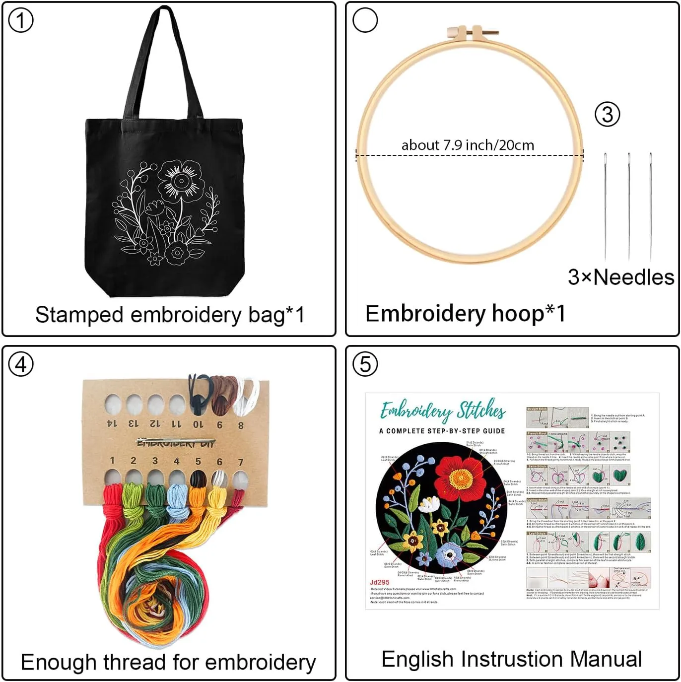 Louise Maelys Embroidery Kits Canvas Tote Bag for Beginners,Cross Stitch Kit for Adults,DIY Crafts and Arts Needlepoint with Florals Pattern,Hoop and Instructions