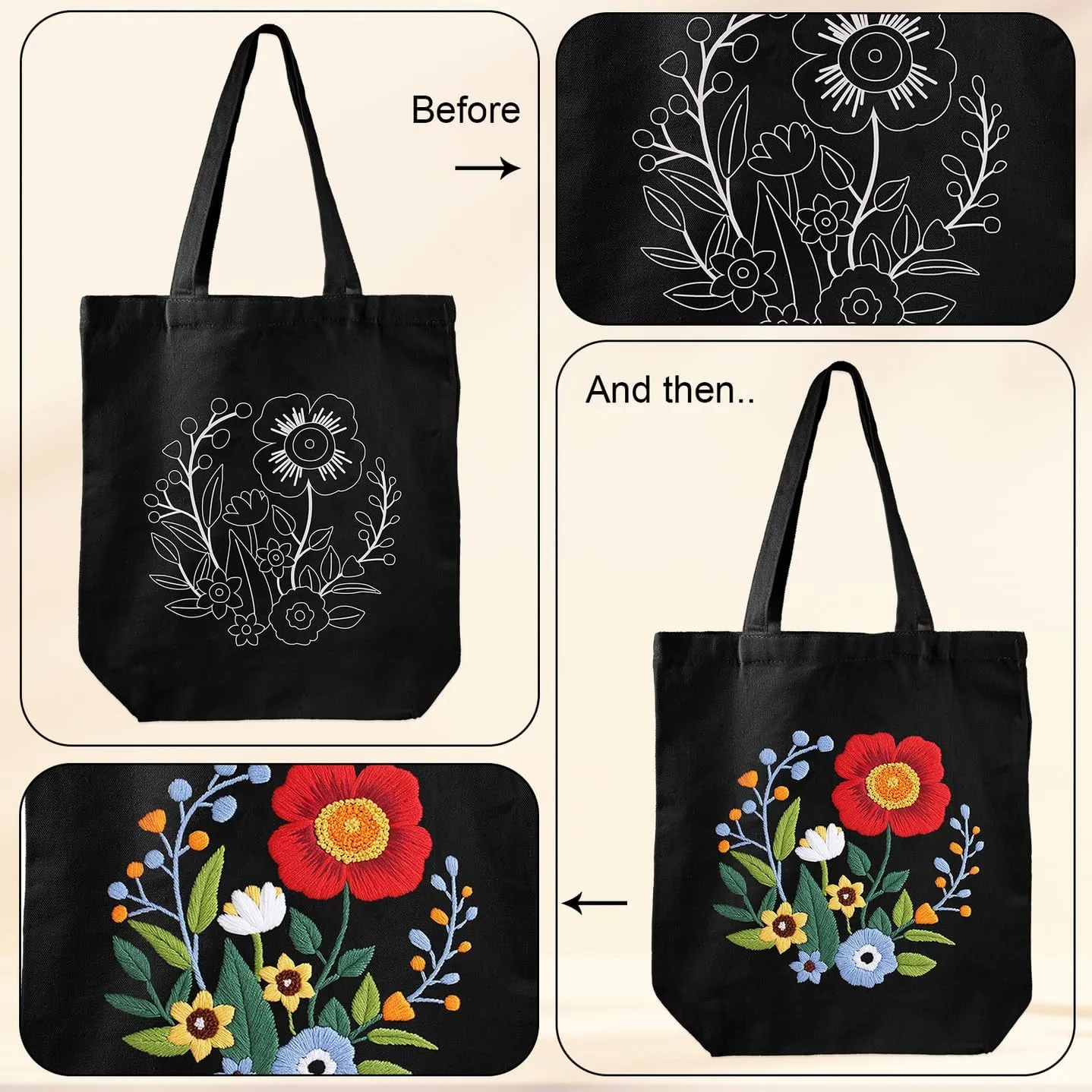 Louise Maelys Embroidery Kits Canvas Tote Bag for Beginners,Cross Stitch Kit for Adults,DIY Crafts and Arts Needlepoint with Florals Pattern,Hoop and Instructions