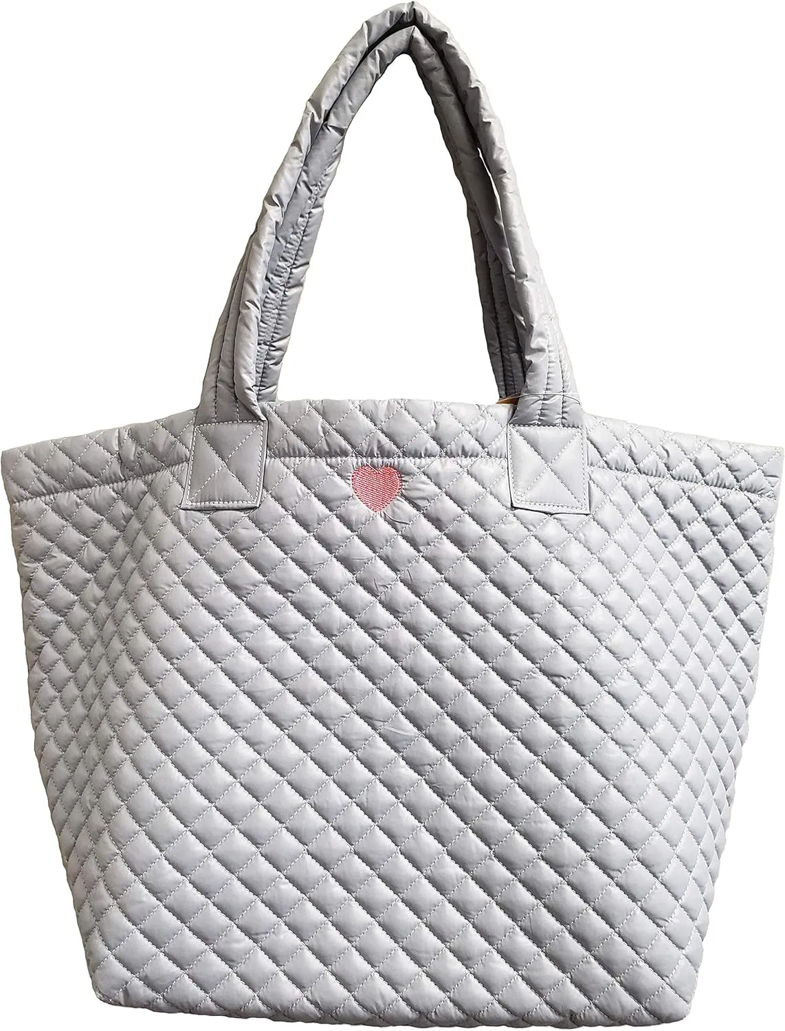 Love Heart Embroidery Comfortable light weight quilted Tote bag with Pouch water repellent light Gray