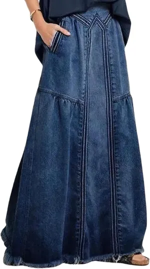loveimgs Women's Vintage Frayed Hem A Line Long Maxi Skirt Distressed Elastic High Waist Retro Jeans Skirt