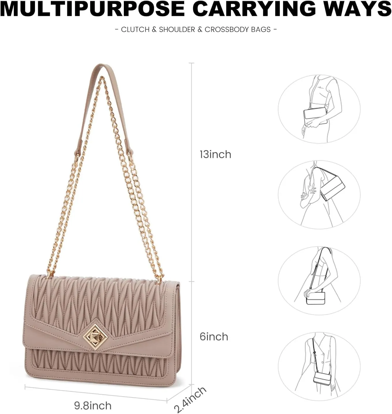 LOVEVOOK Crossbody Bags for Women Leather Quilted Shoulder Bag with Chain Strap Trendy Clutch Satchel Ladies Evening Bag