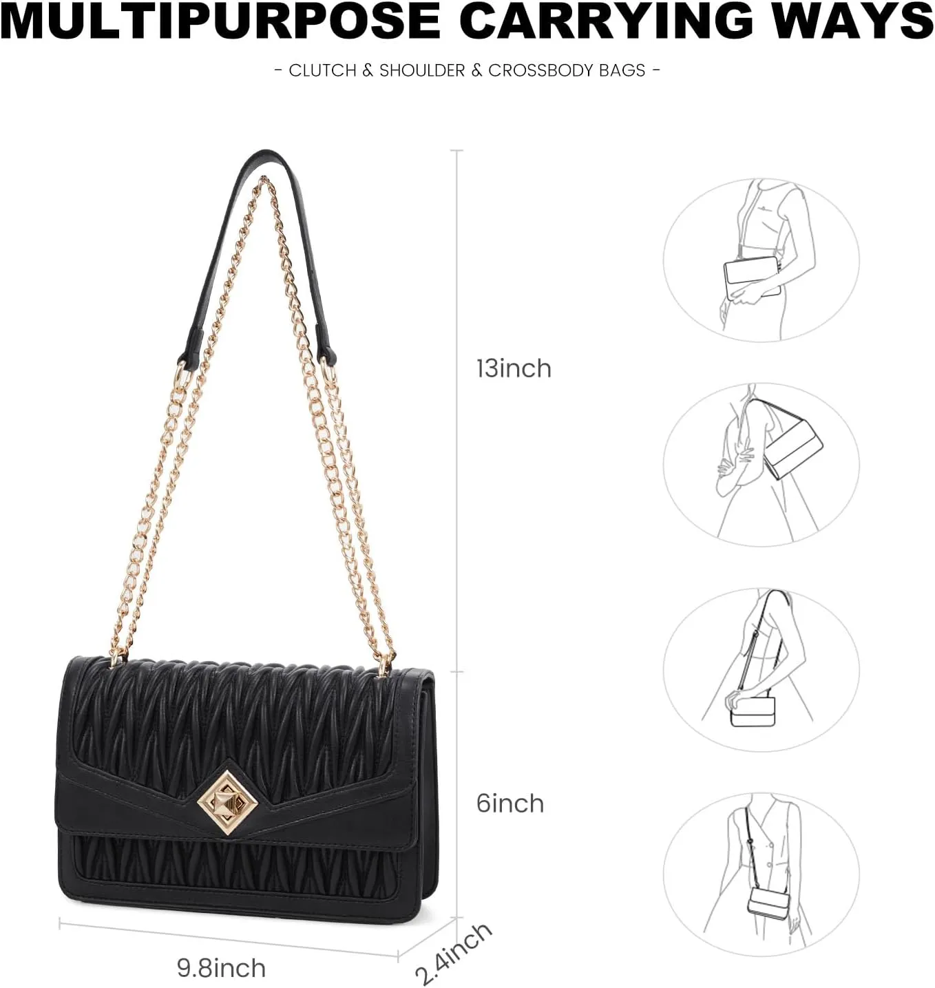 LOVEVOOK Crossbody Bags for Women Leather Quilted Shoulder Bag with Chain Strap Trendy Clutch Satchel Ladies Evening Bag