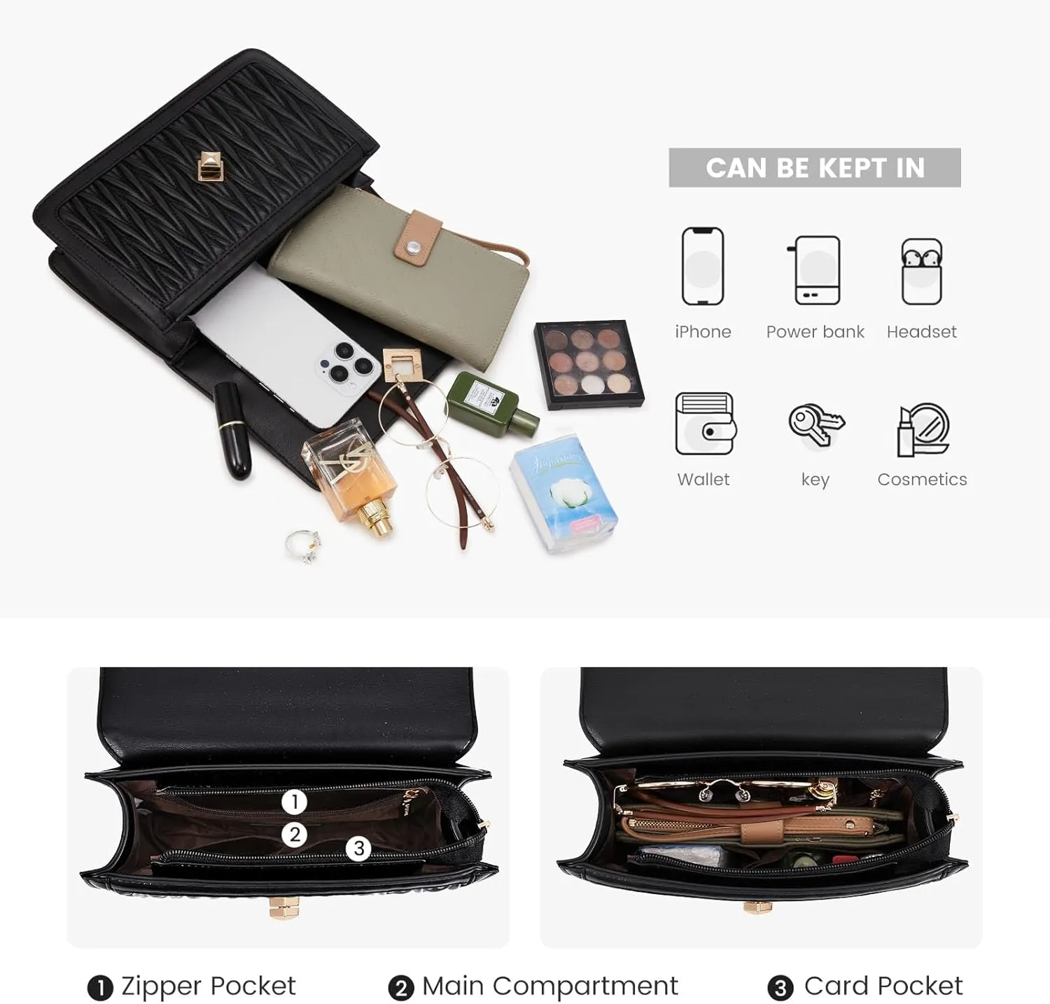 LOVEVOOK Crossbody Bags for Women Leather Quilted Shoulder Bag with Chain Strap Trendy Clutch Satchel Ladies Evening Bag