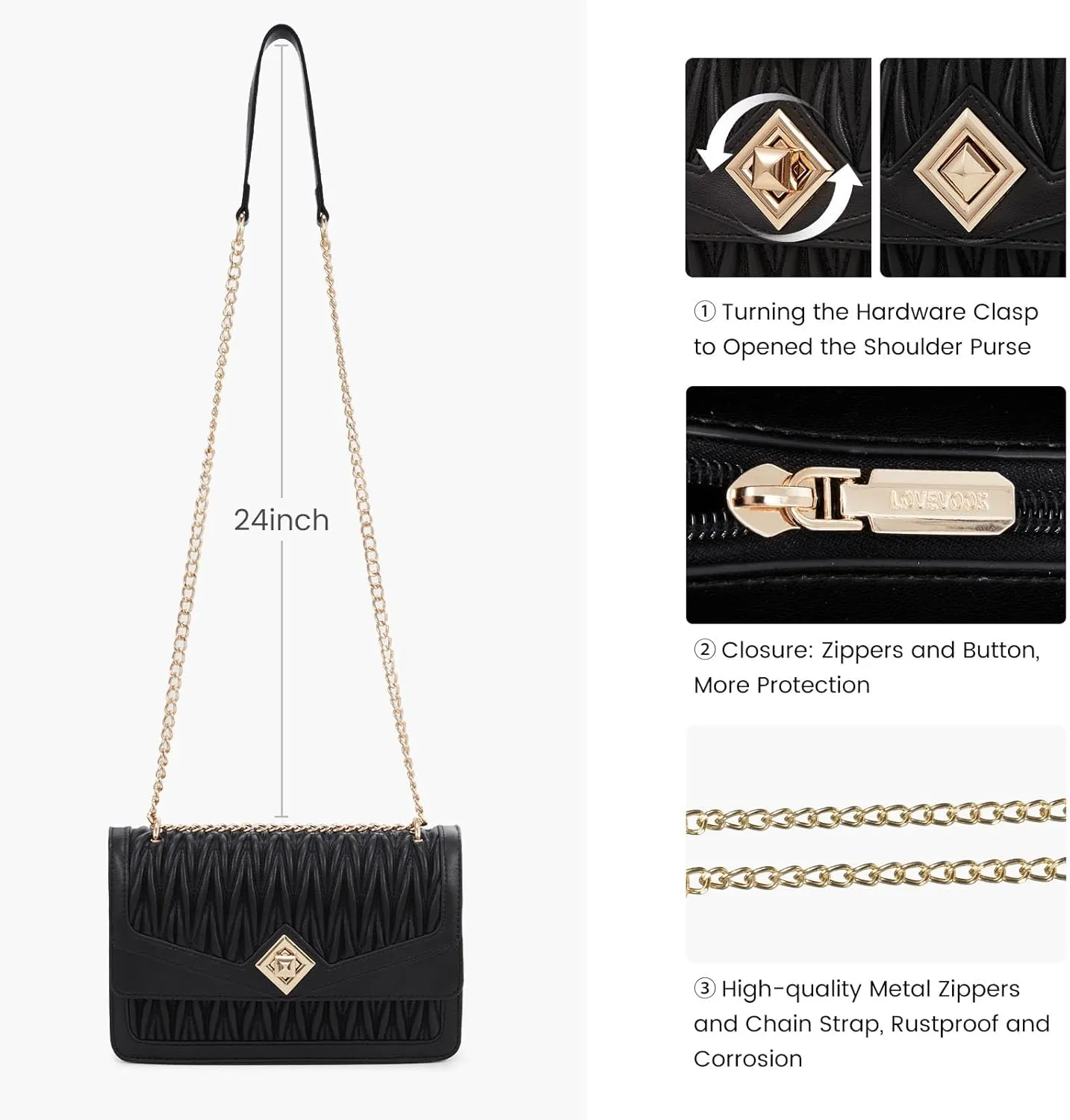 LOVEVOOK Crossbody Bags for Women Leather Quilted Shoulder Bag with Chain Strap Trendy Clutch Satchel Ladies Evening Bag