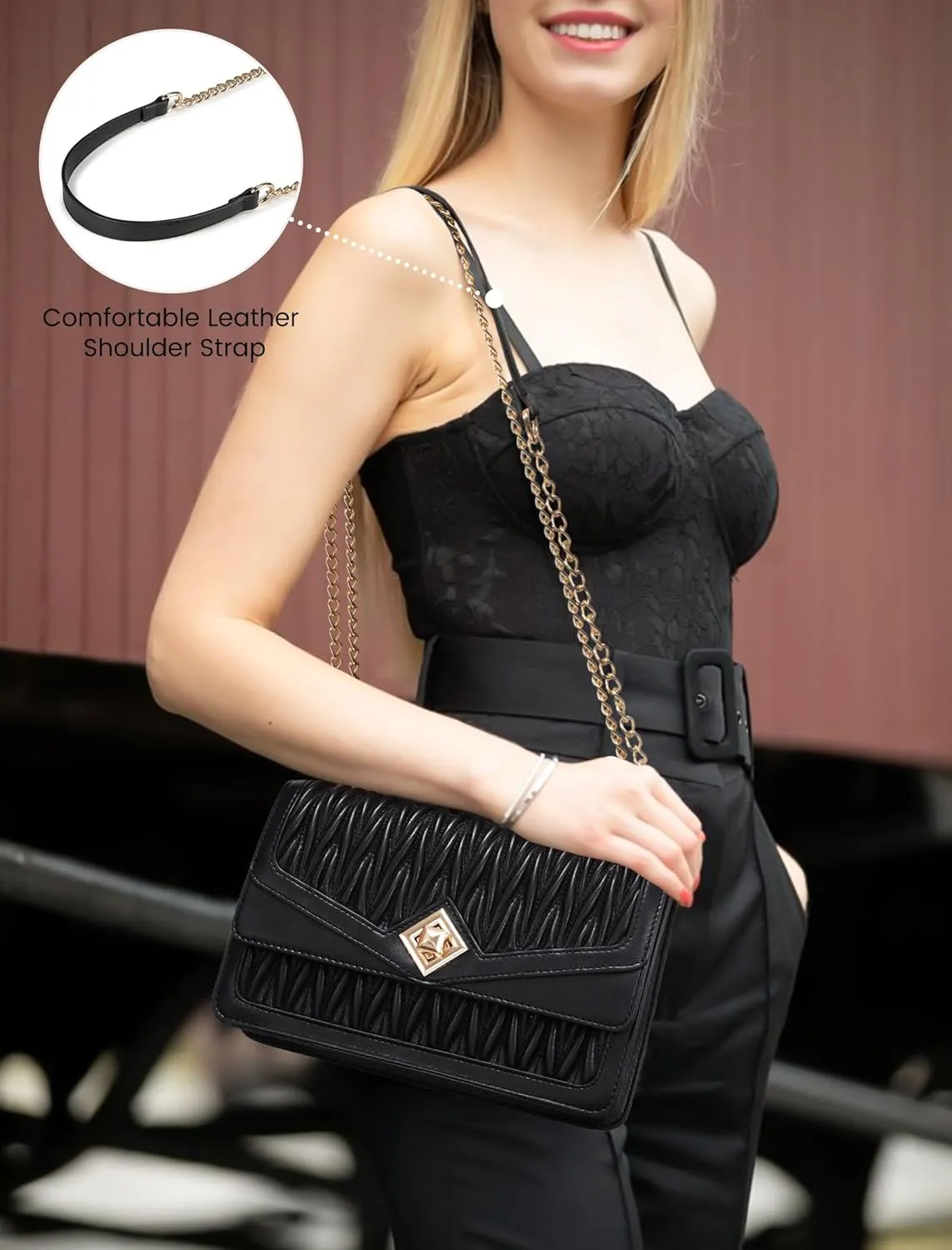 LOVEVOOK Crossbody Bags for Women Leather Quilted Shoulder Bag with Chain Strap Trendy Clutch Satchel Ladies Evening Bag