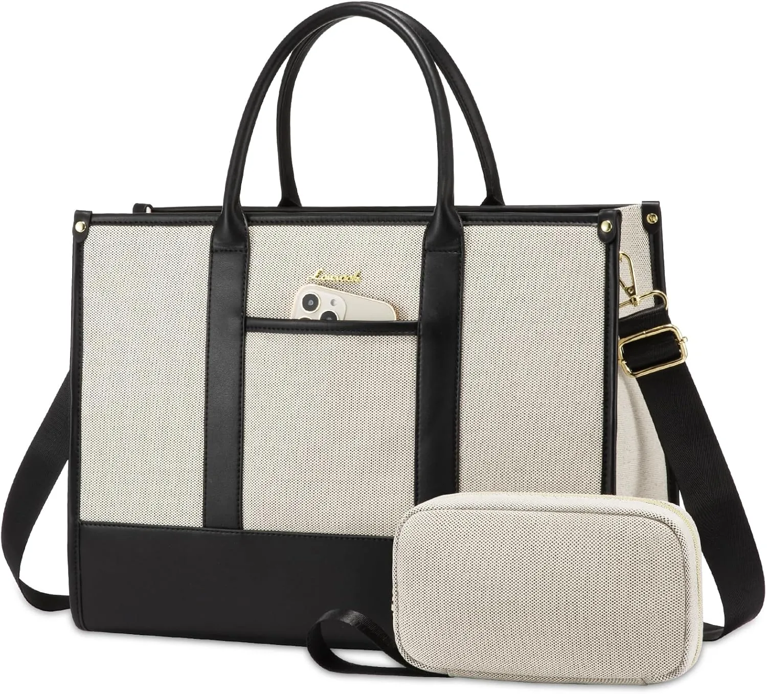 LOVEVOOK Laptop Tote Bags for Women Canvas Work Bag 15.6 inch Large Professional Teacher Purse Lightweight Computer Bag Briefcase Business Office, Black-white