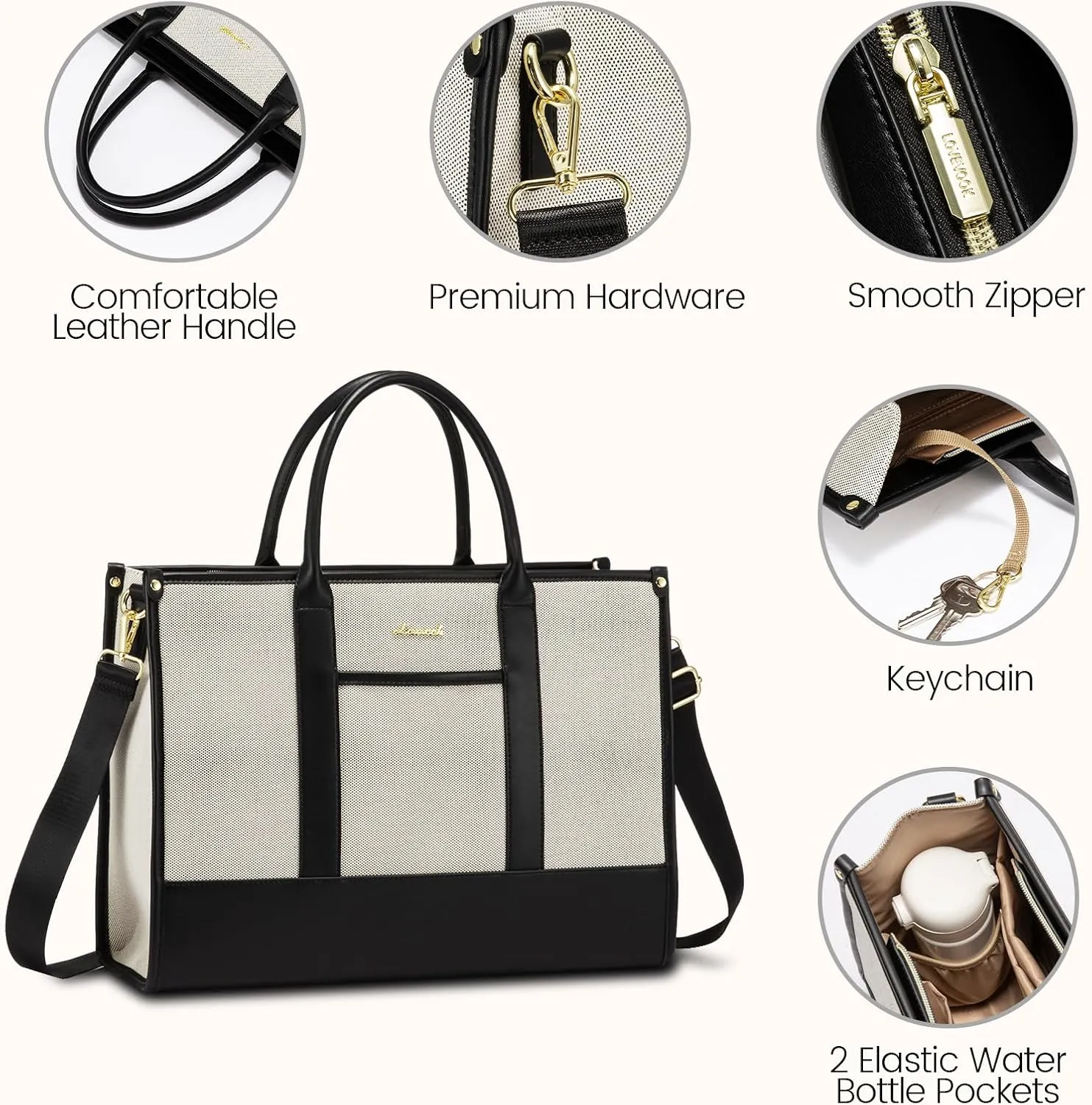 LOVEVOOK Laptop Tote Bags for Women Canvas Work Bag 15.6 inch Large Professional Teacher Purse Lightweight Computer Bag Briefcase Business Office, Black-white