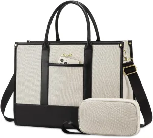 LOVEVOOK Laptop Tote Bags for Women Canvas Work Bag 15.6 inch Large Professional Teacher Purse Lightweight Computer Bag Briefcase Business Office, Black-white
