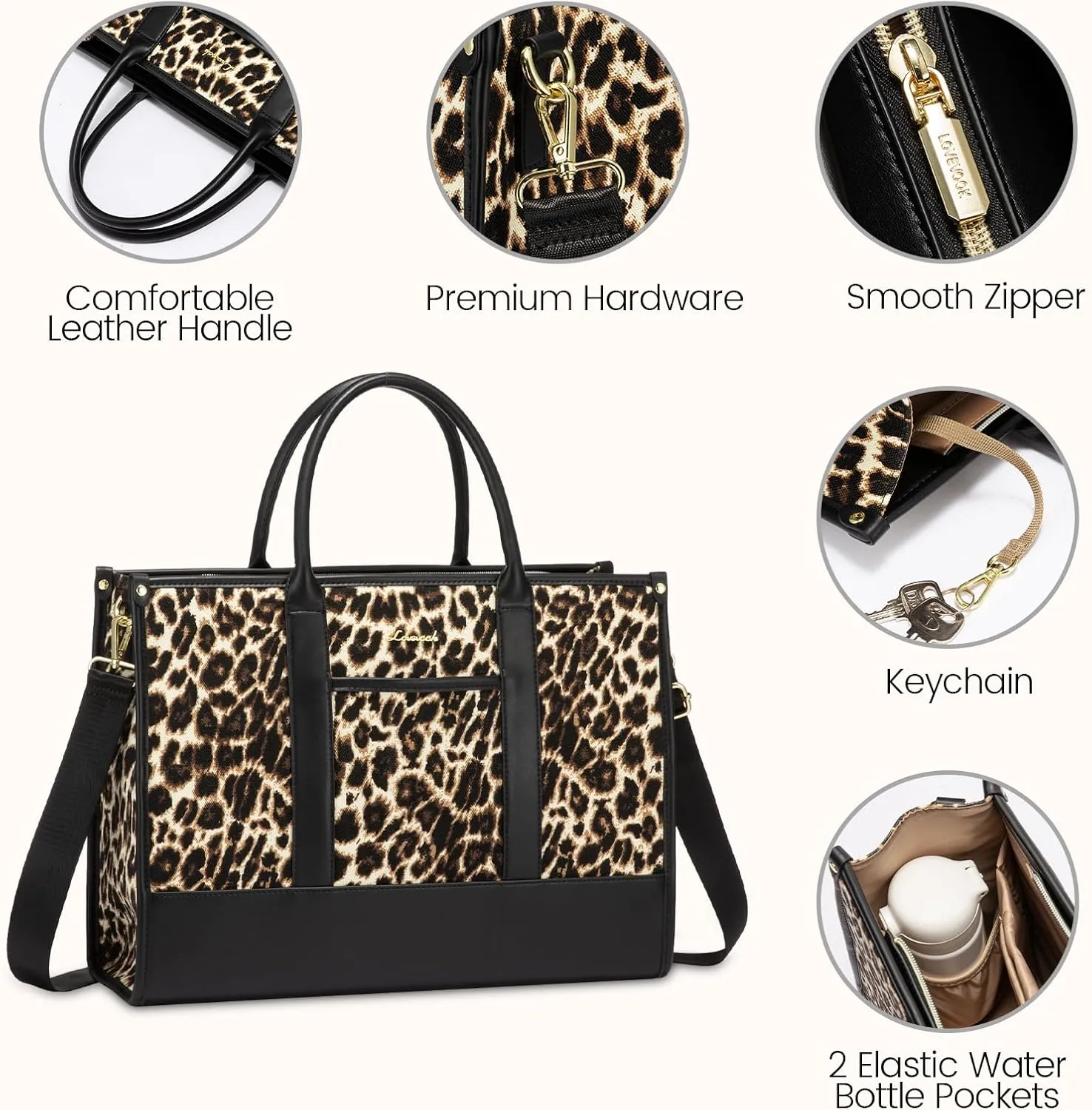 LOVEVOOK Laptop Tote Bags for Women Canvas Work Bag 15.6 inch Large Professional Teacher Purse Lightweight Computer Bag Briefcase Business Office, Leopard-black