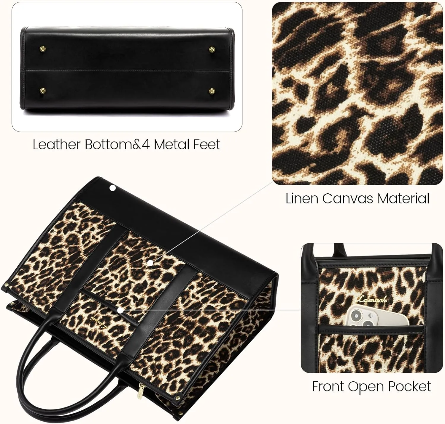 LOVEVOOK Laptop Tote Bags for Women Canvas Work Bag 15.6 inch Large Professional Teacher Purse Lightweight Computer Bag Briefcase Business Office, Leopard-black