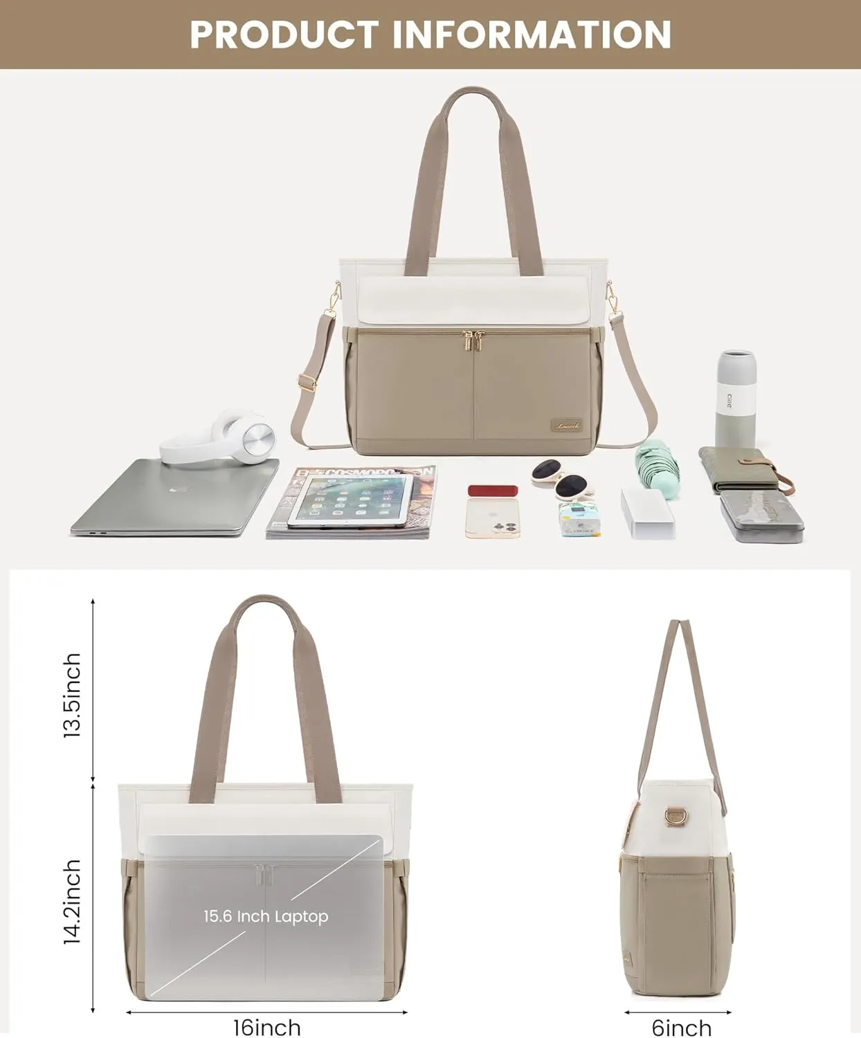 LOVEVOOK Women's Khaki Beige 15.6 Inch Laptop Tote Bag, Large Capacity Work Bags with Multiple Pockets, Water Resistant Computer Bag for Business Travel, Nurse, Teacher